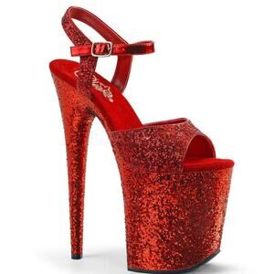 Pleaser Flamingo 810LG Red Glitter Platform Ankle Strap Heels Sandal 8" Size 7